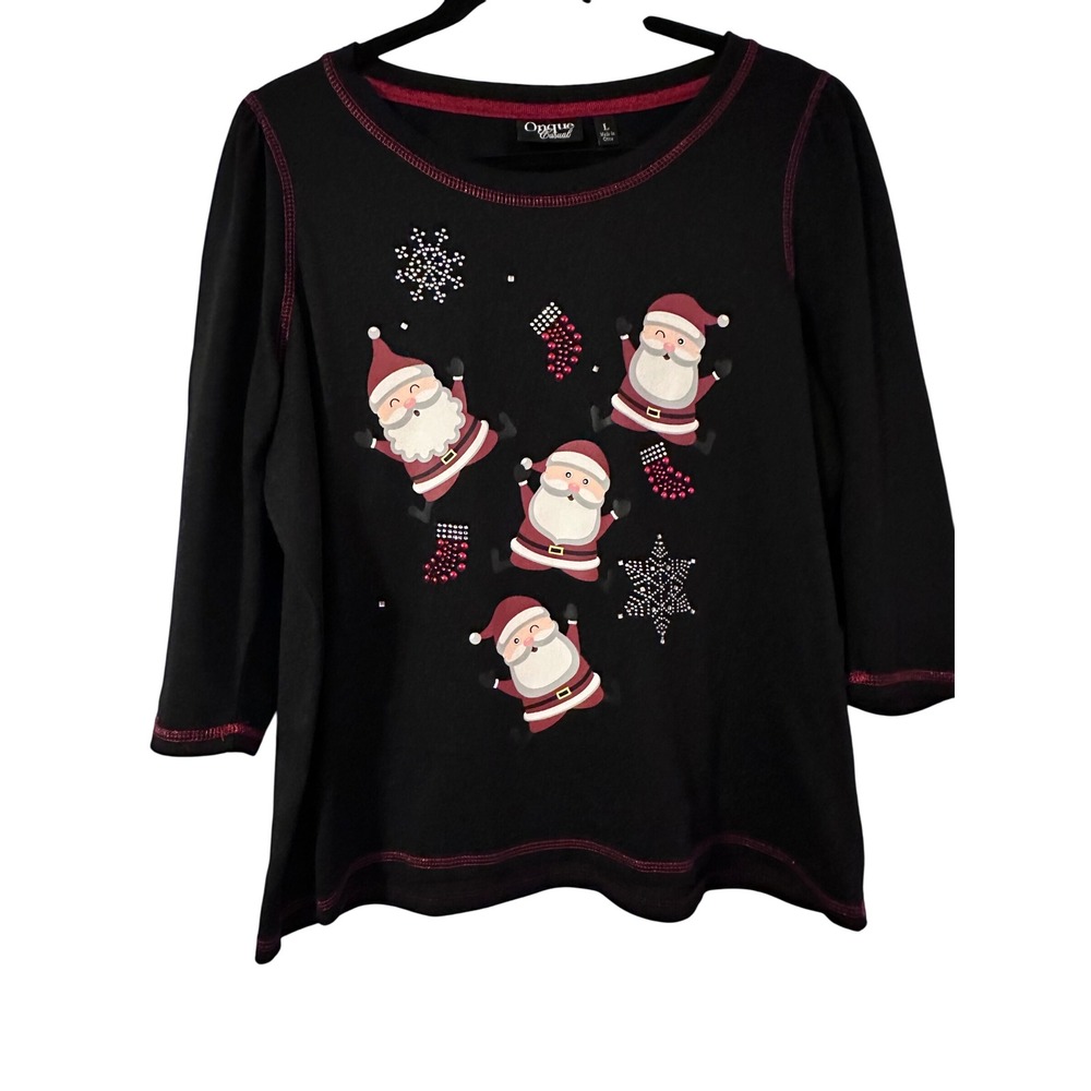 Onque Casual Womens Black Santa Claus Christmas 3/4 Sleeve L Holiday Lightweight